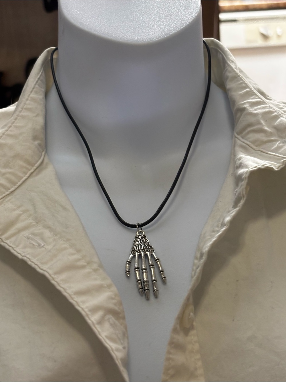 Men's Black Cord Necklace with Silver Skeleton Hand Pendant